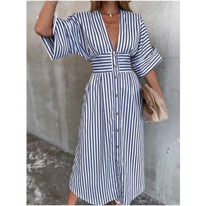 Boho Blue V neck Stripes Button up Dress Tie Back